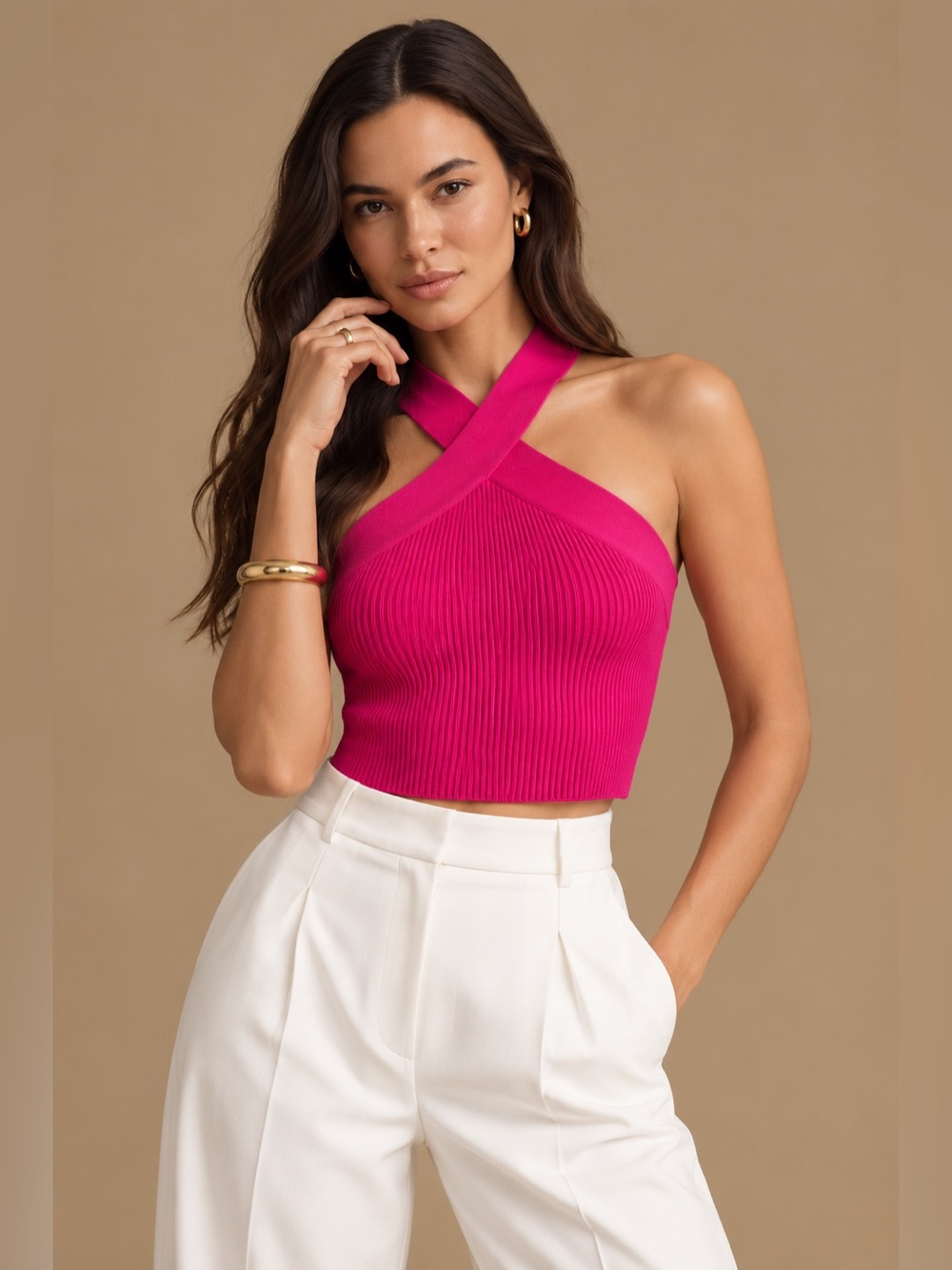 Babaton Aritzia Fuchsia Ribbed Crisscross Cropped Knit Fitted Halter Top Size XS